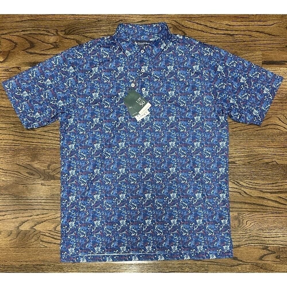 Donald Ross Mens Patriotic Paint Splatter Jersey Blue Golf Athletic Polo Sz M